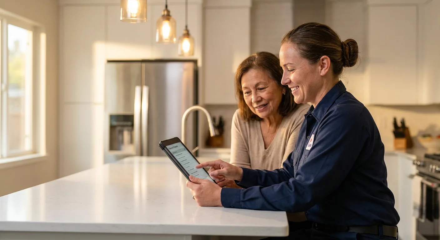 Dryer Repair technician consulting homeowner in Los Gatos kitchen