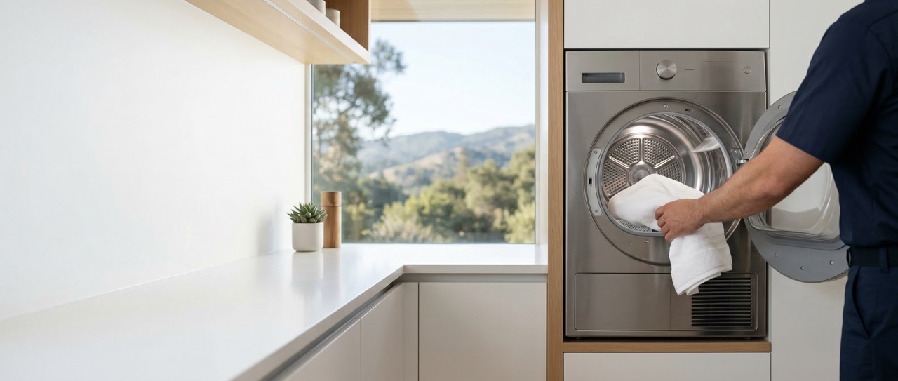Professional dryer repair technician servicing a modern dryer in a Palo Alto home with Bay Area hills visible
